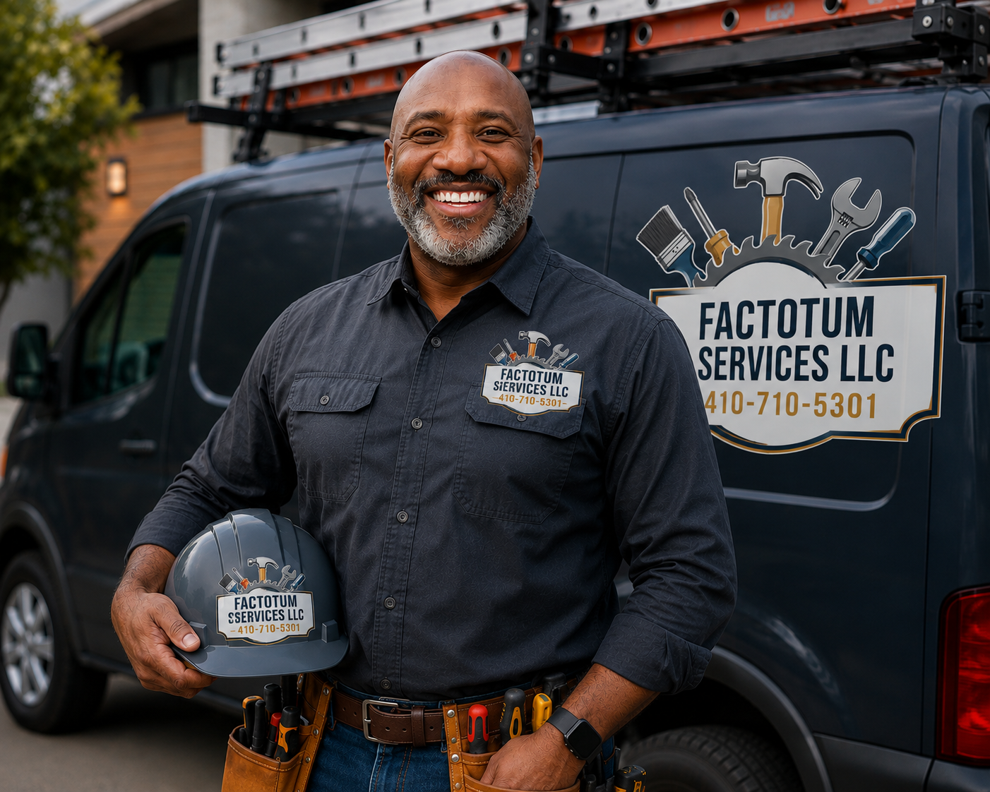 Man smiling beside a company van, holding a hard hat, with “Factotum Services LLC” logo visible.