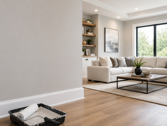 Bright living room with a white sofa, black coffee table, and natural light by large windows