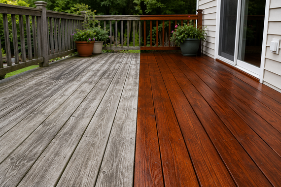 Weathered wooden deck with a freshly stained reddish-brown section, potted plants, and railing.