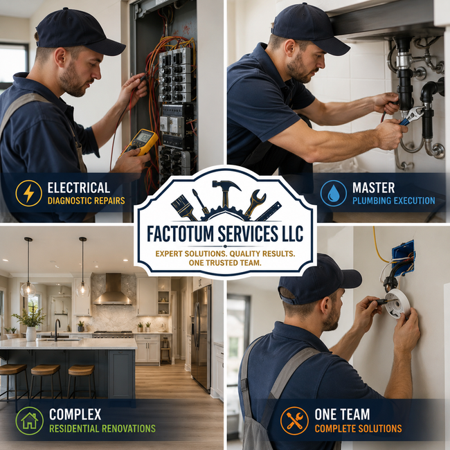 Factotum Services LLC promo collage showing electricians, plumbing repair, and home renovation services