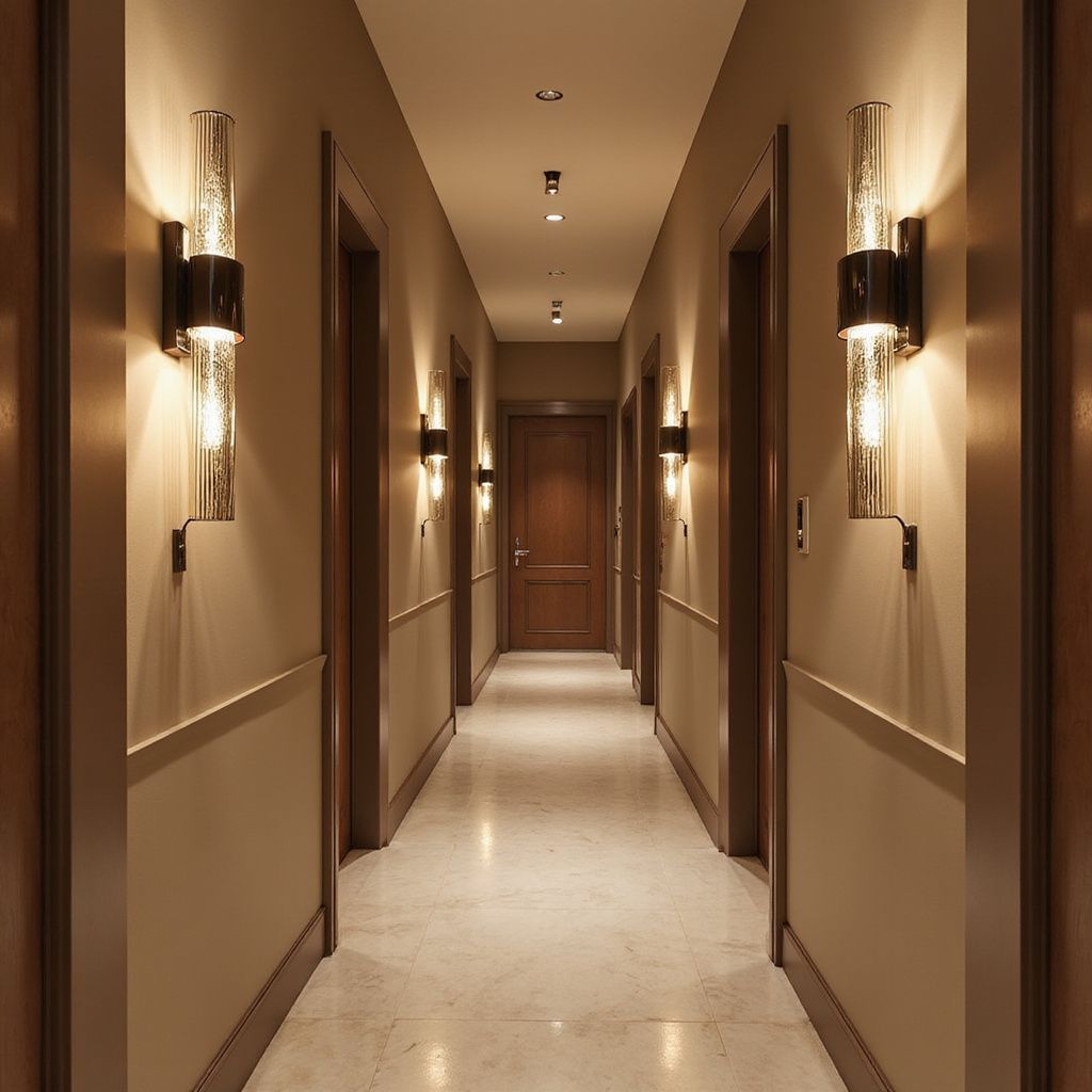 Dimly lit hotel hallway with beige walls, wall sconces, and a closed door at the end