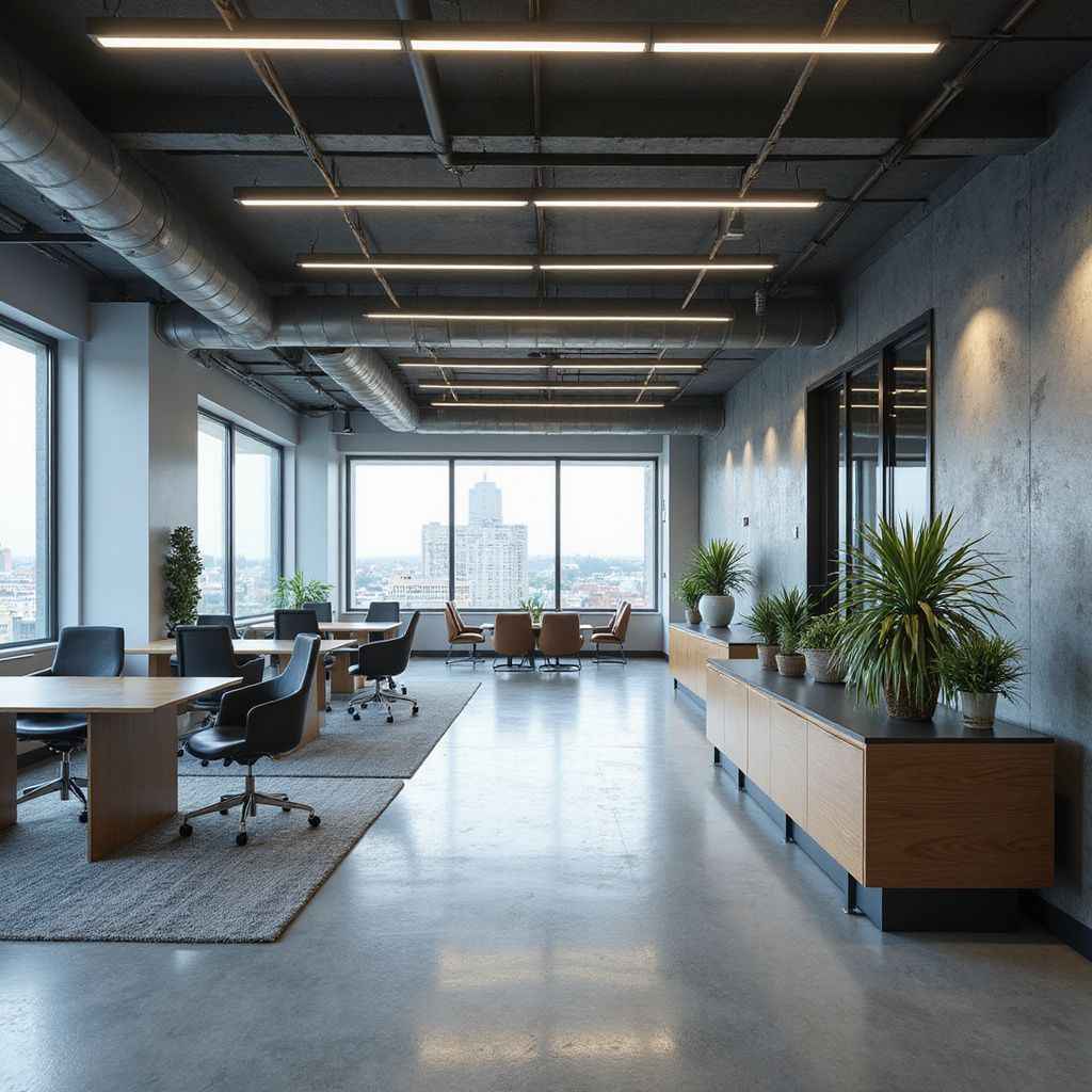 Modern open office with desks, lounge chairs, plants, and large windows overlooking a city skyline.