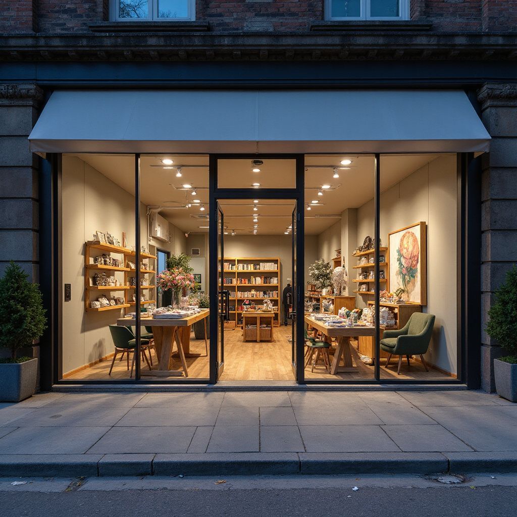 Street-front shop with large glass windows, warm lights, and shelves of art supplies inside
