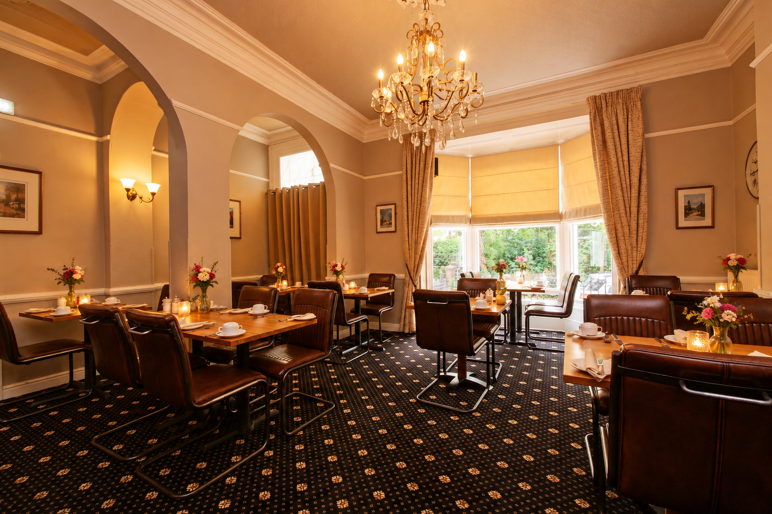 Breakfast room with tables, chairs, and chandelier. Neutral walls, patterned carpet, and window with sunlight.