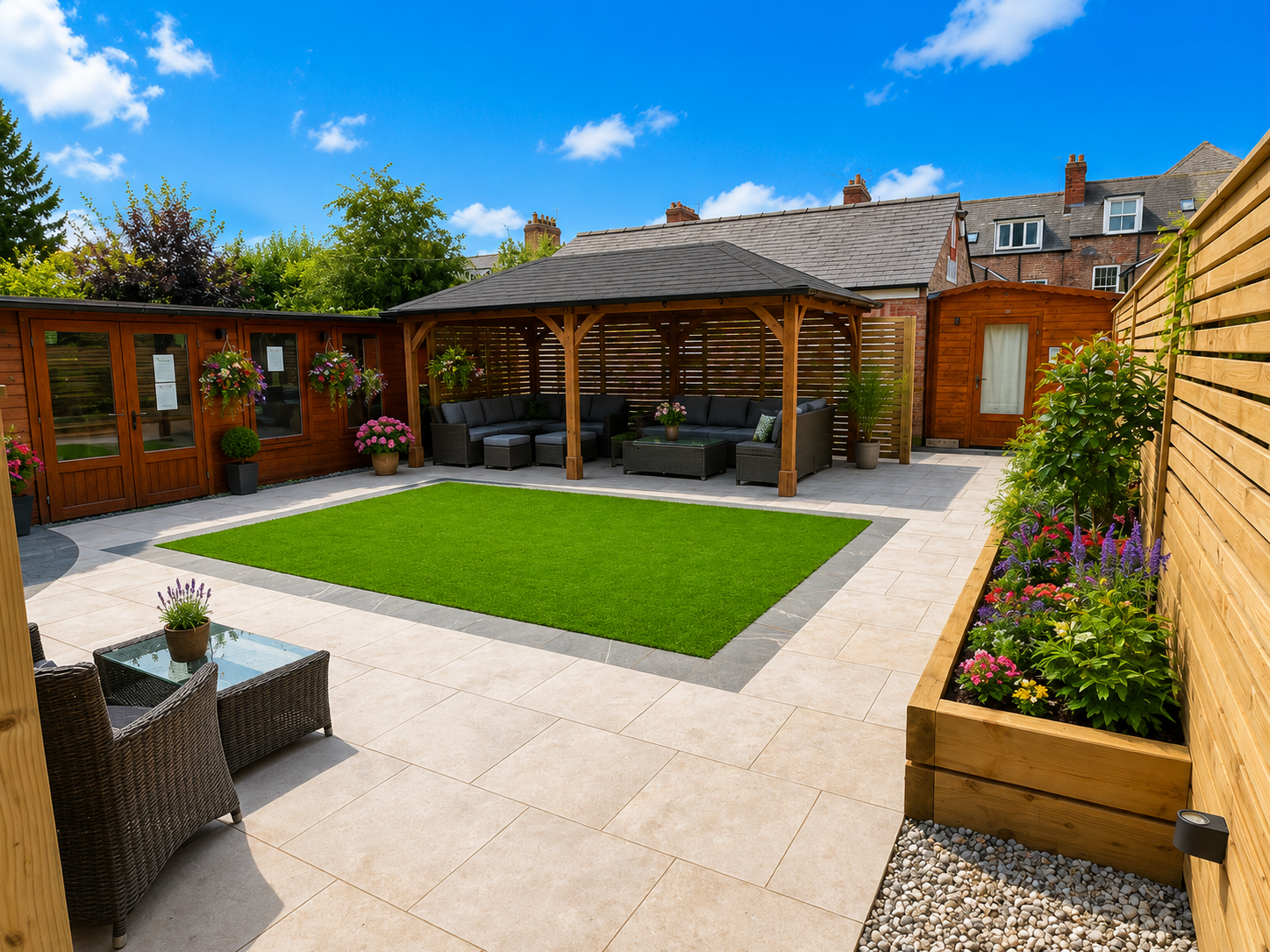 Backyard patio with gray table and chairs, gazebo with seating, and artificial grass.