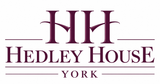 Logo for Hedley House Hotel York, dark blue text and graphic, stylised 