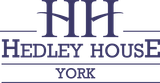 Logo for Hedley House Hotel York, dark blue text and graphic, stylised