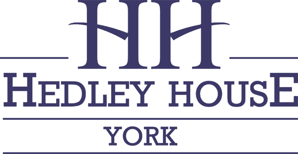 Logo for Hedley House Hotel York, dark blue text and graphic, stylised 