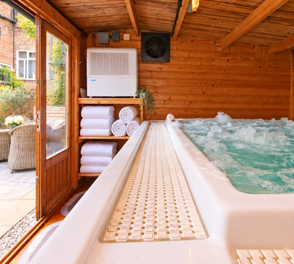 Wooden indoor hot tub with bubbling water, towels, and a shelf in a cozy wood-paneled spa room