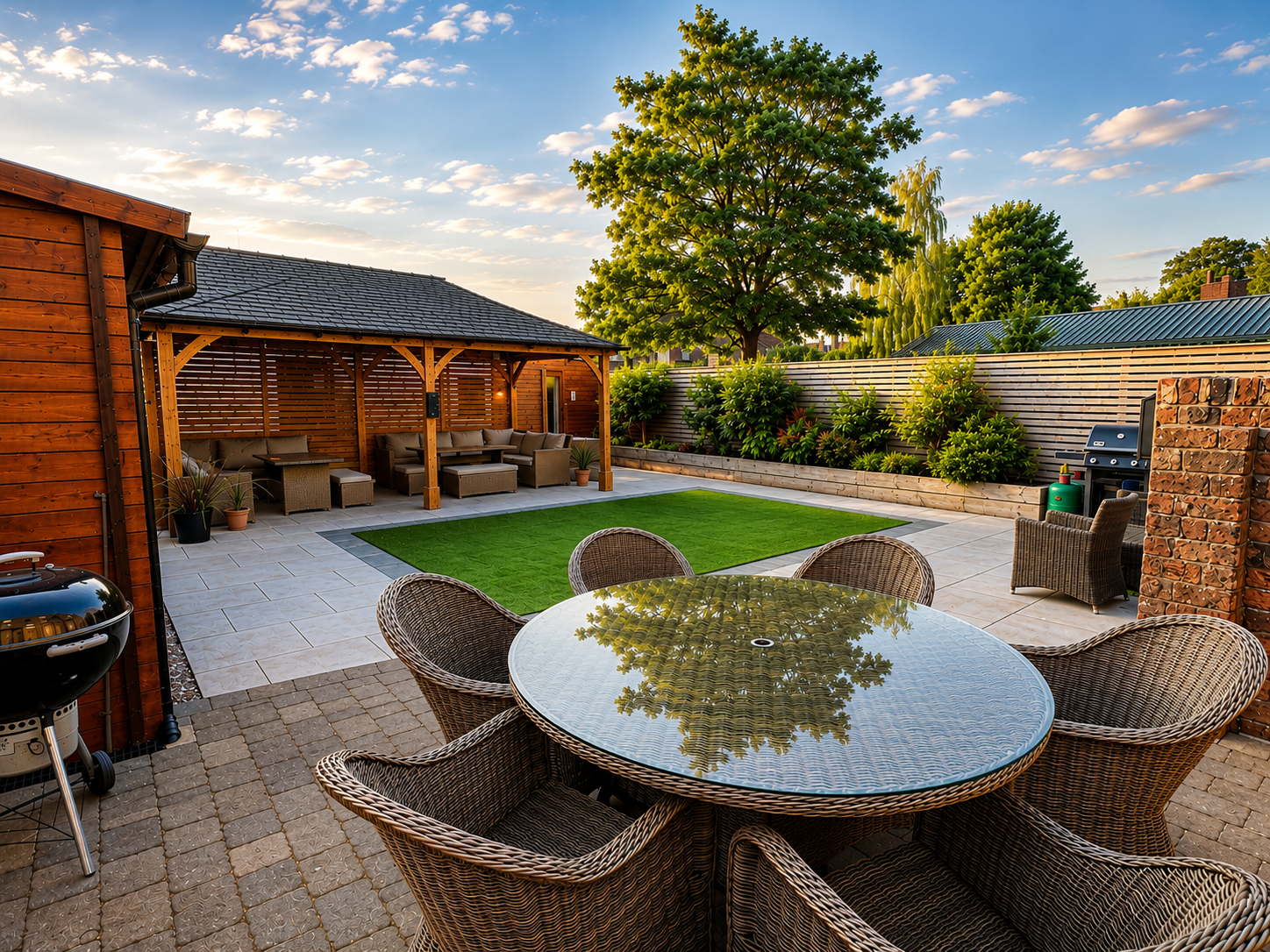 Patio with gazebo, shed, artificial lawn, seating. Sunny outdoor setting.