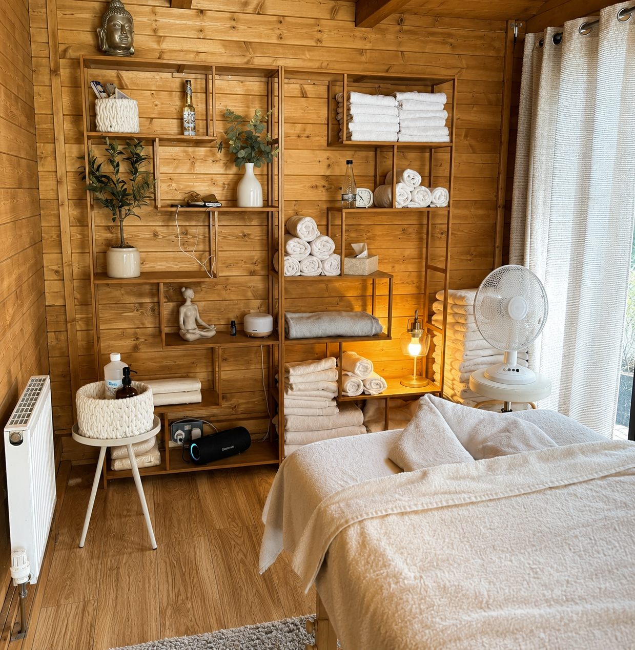 Massage table in a wooden-walled spa room with shelves holding towels and decor.