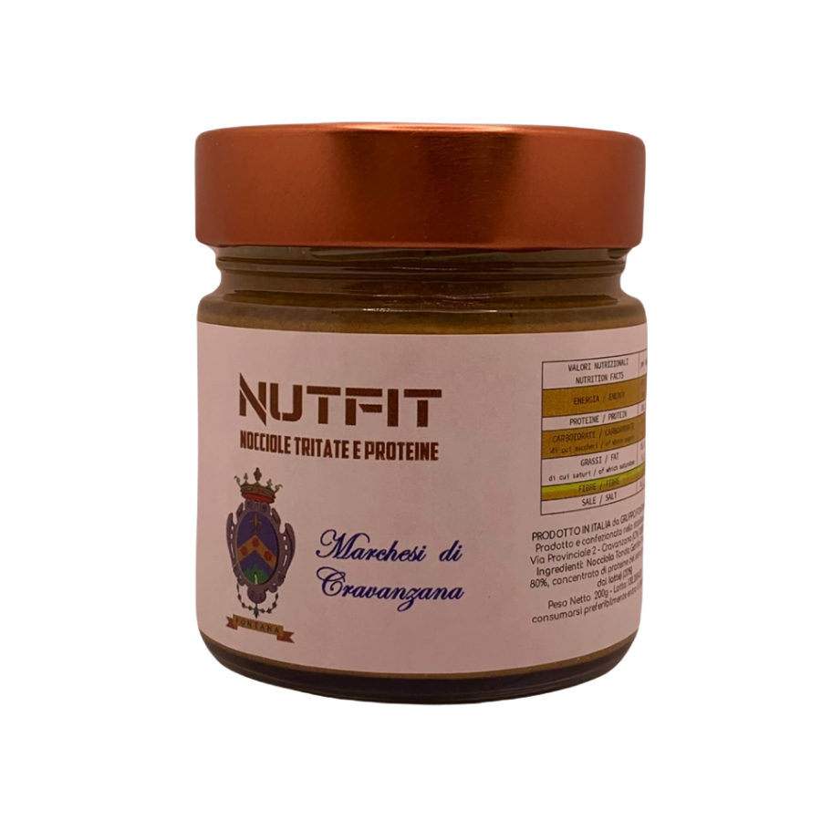Vasetto di tintura pro-prebiotica NUTFIT con tappo arancione ed etichetta bianca su sfondo bianco.