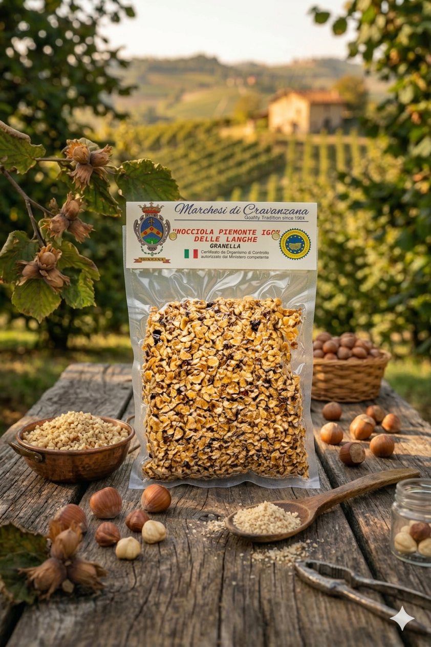 Sacchetto trasparente di granola con nocciole su un tavolo rustico in un frutteto soleggiato.
