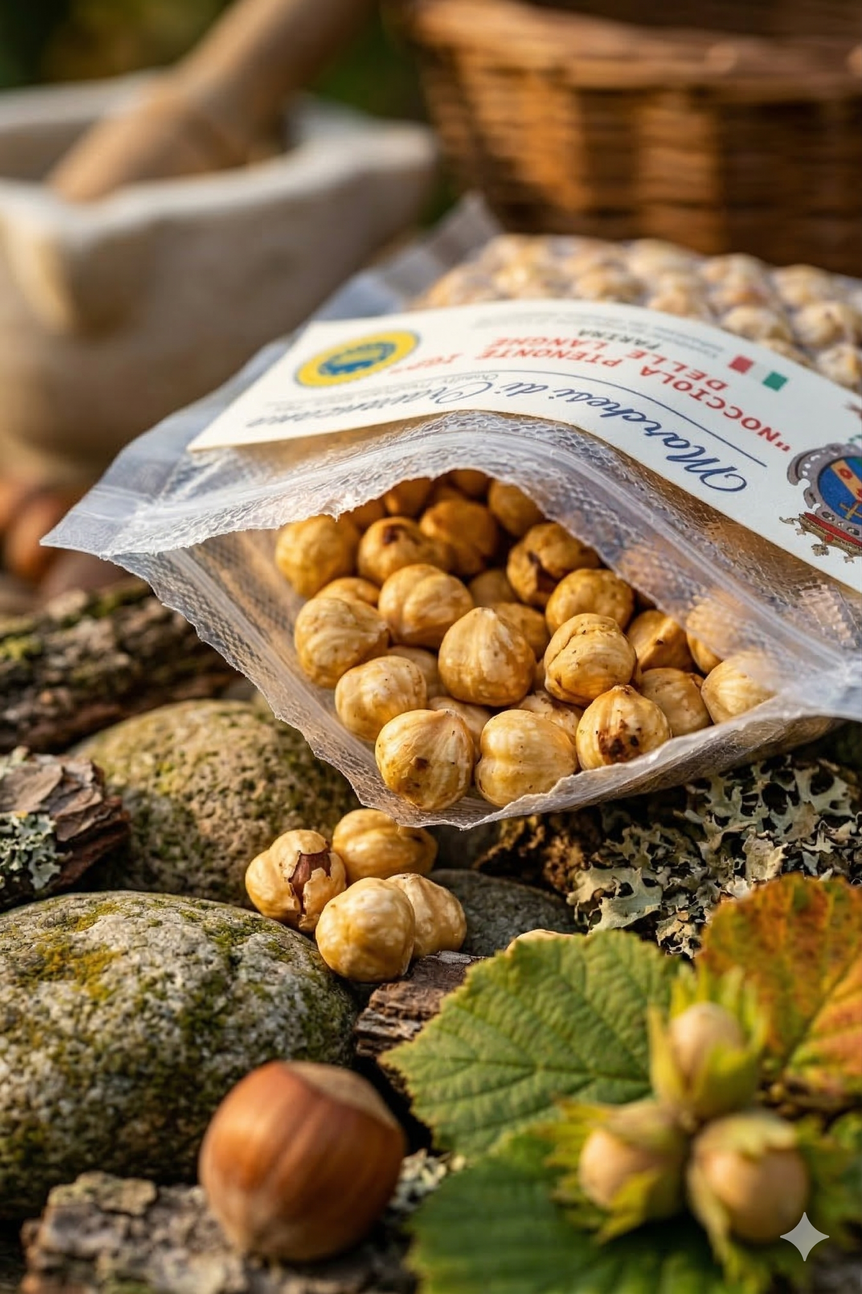 Sacchetto aperto di ceci tostati su una superficie rustica, con noci e un cestino sullo sfondo.