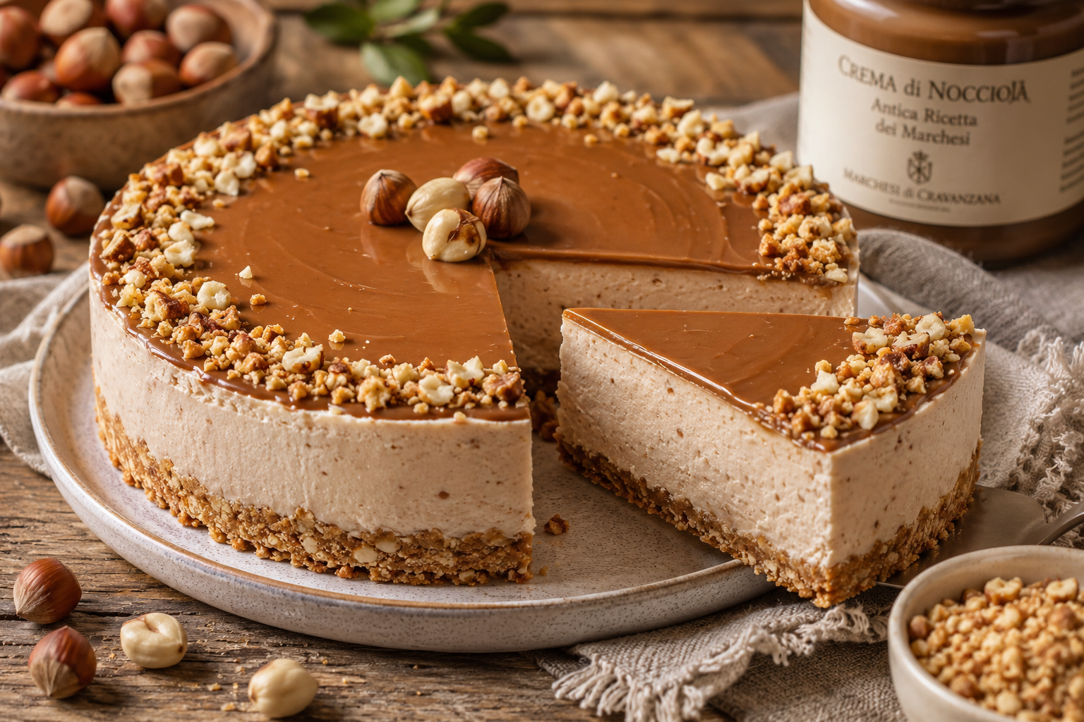 Torta al cioccolato e nocciole con una fetta tagliata, guarnita con granella di nocciole