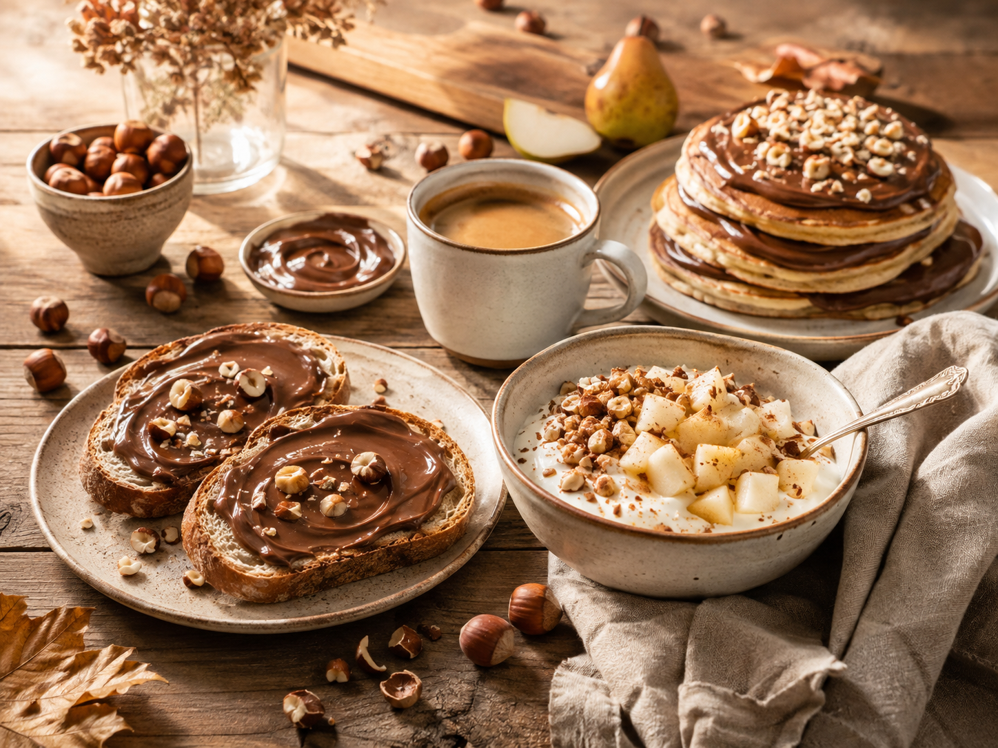 Pancake con noci, panna montata e caffè su un tavolo rustico, con ciotole di guarnizioni.