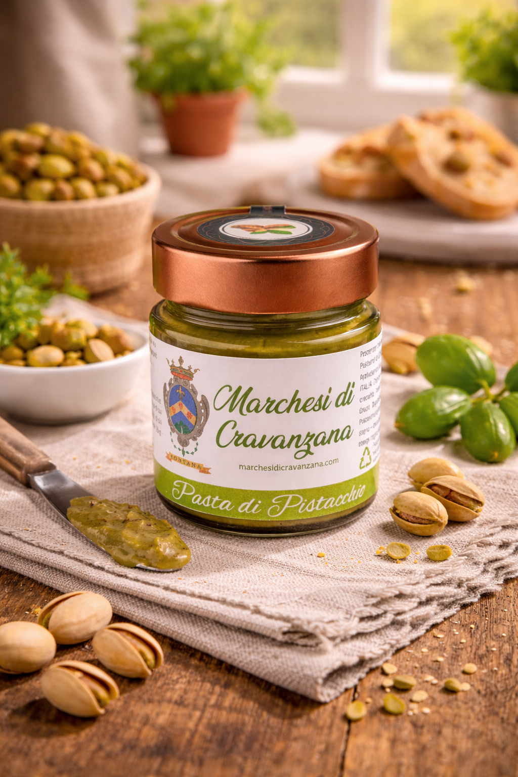 Barattolo di pesto con pistacchi e basilico su un tavolo rustico, con frutta secca e pane.
