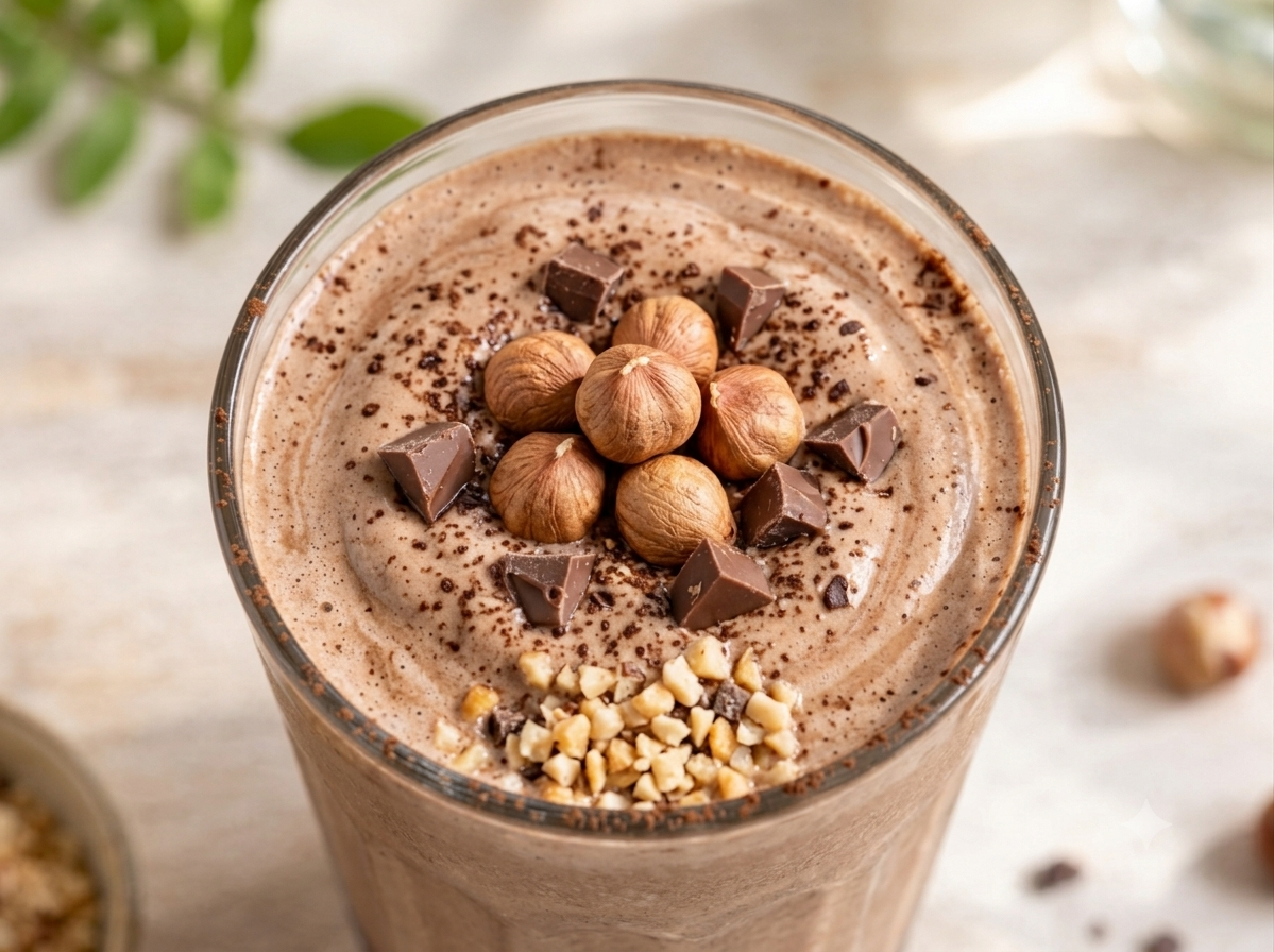 Frullato al cioccolato con nocciole e frutta secca tritata in un bicchiere