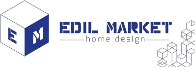 Logo di EDIL MARKET per l'arredamento d'interni, con icona a cubo blu e grafica geometrica lineare.