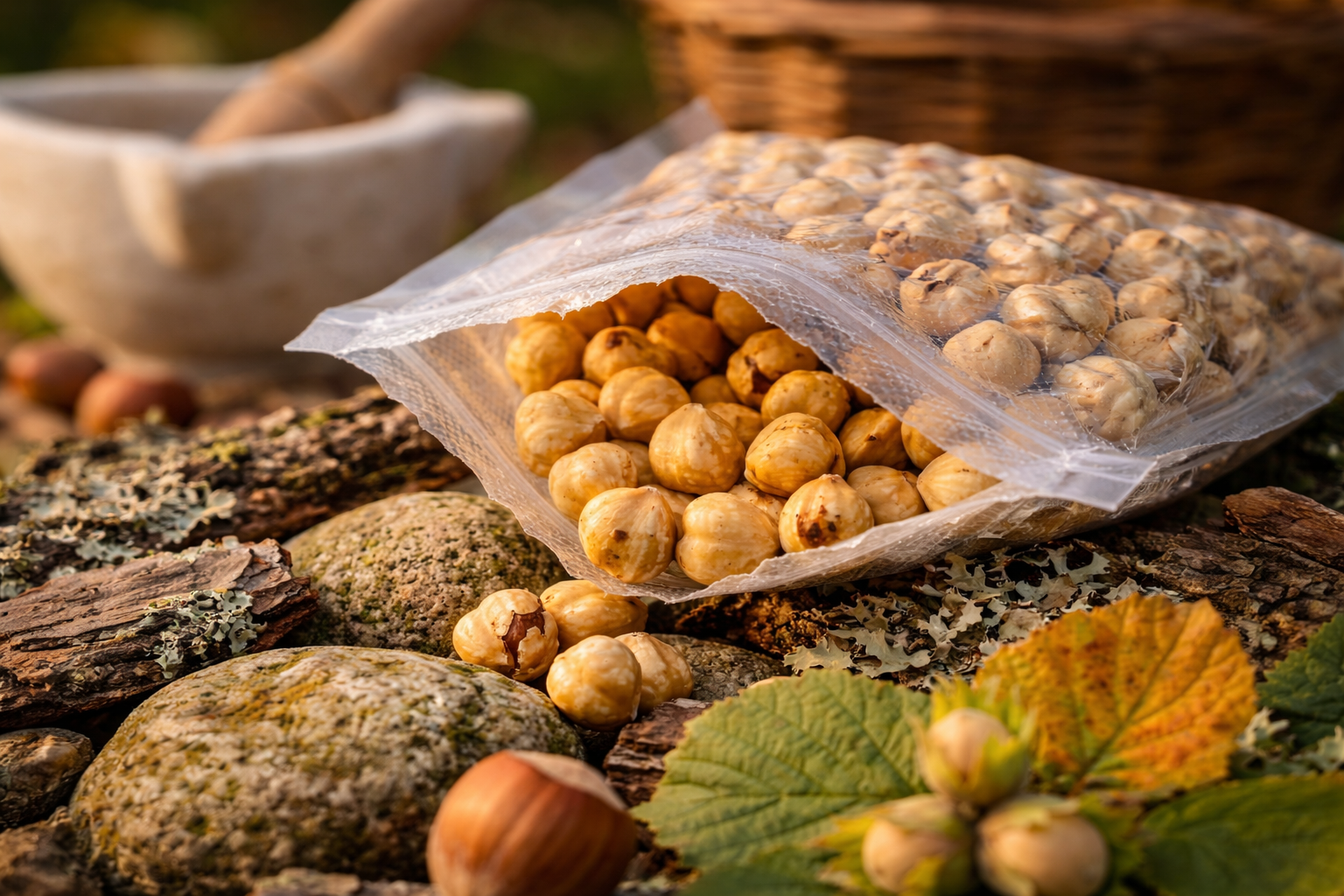 Sacchetti di plastica contenenti un mix di frutta a guscio e semi, disposti su una superficie rustic