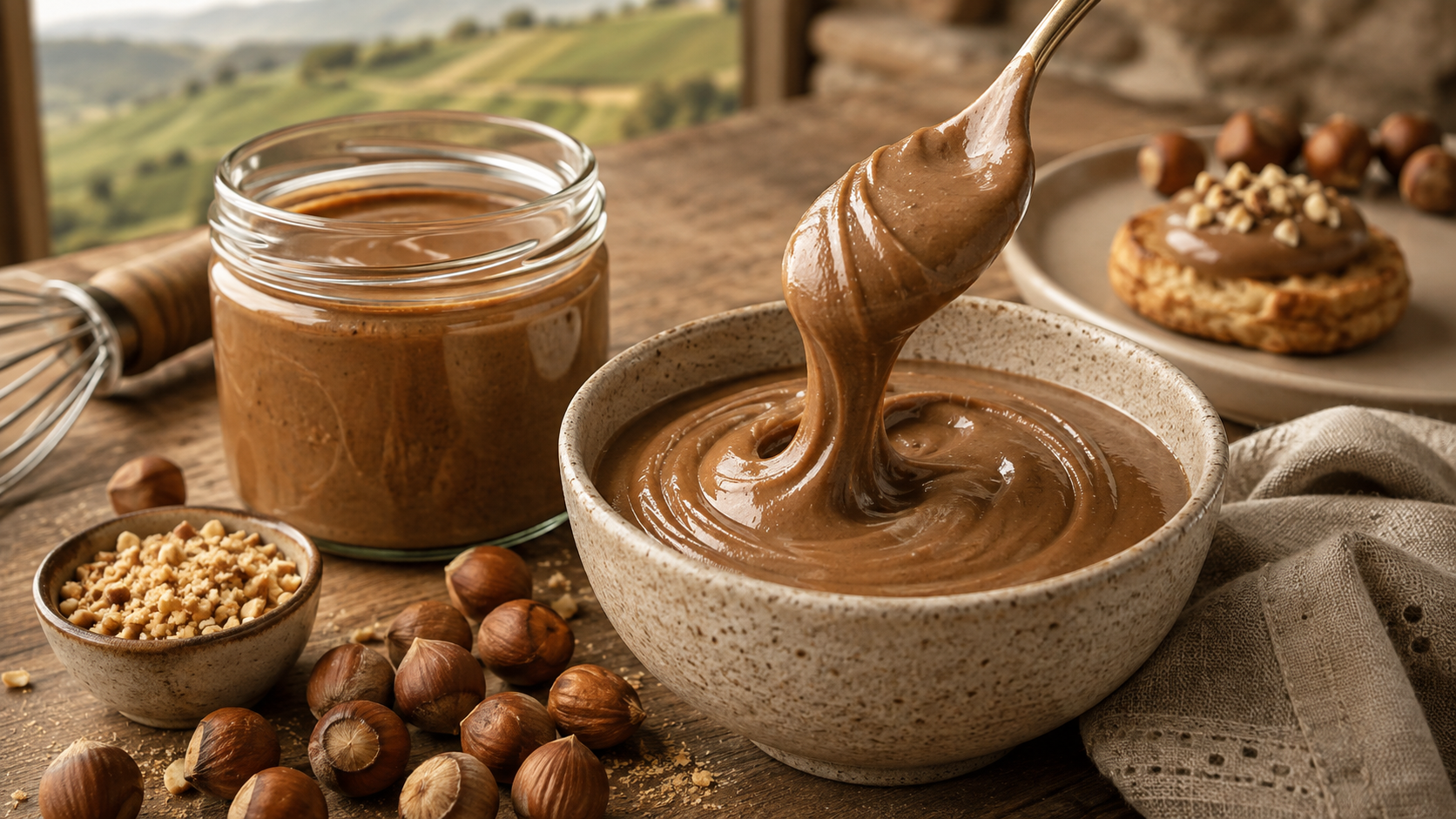 Pasta di nocciola in una ciotola, con cucchiaio, nocciole e cracker su un tavolo