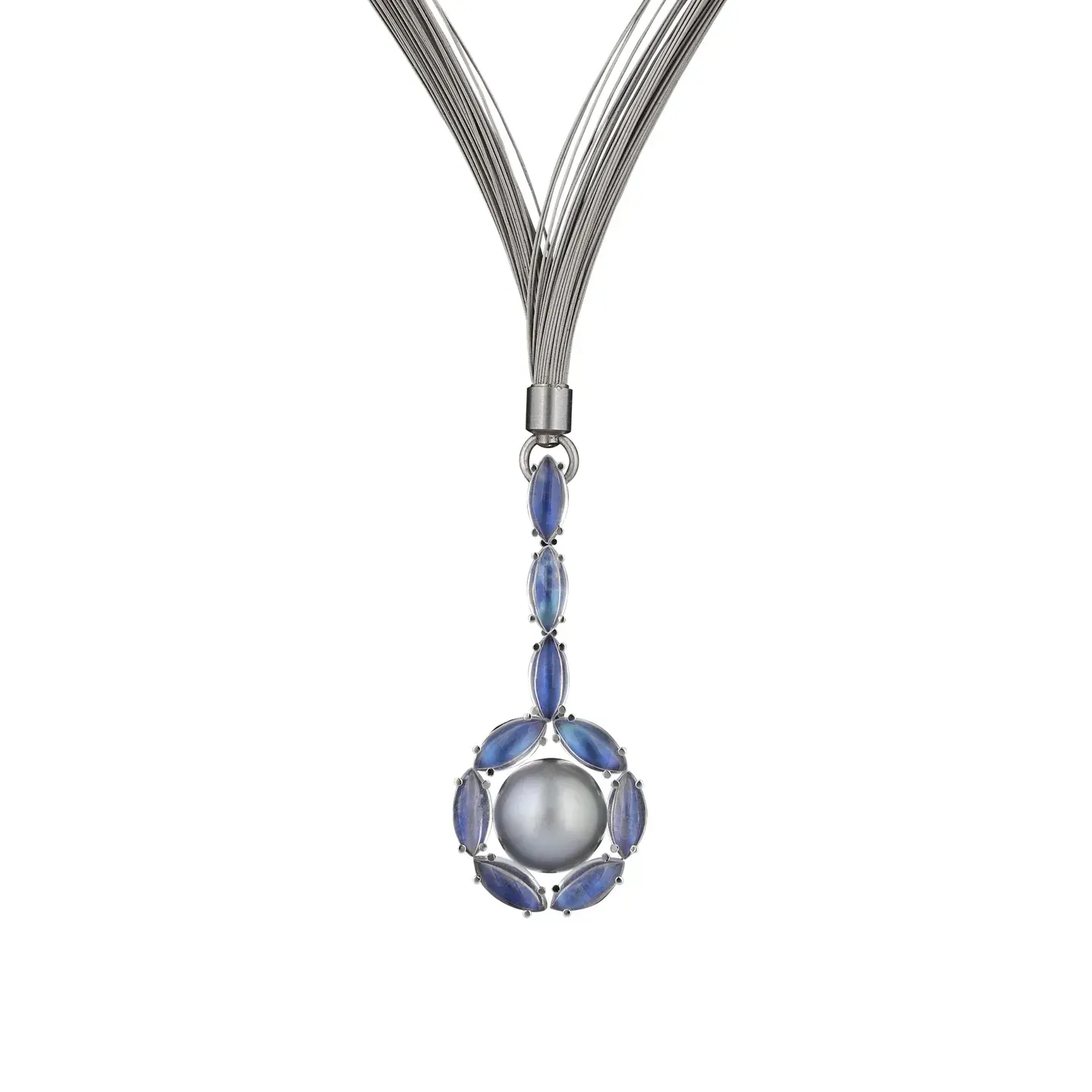 Silver necklace with a gray pearl pendant surrounded by blue gemstones.