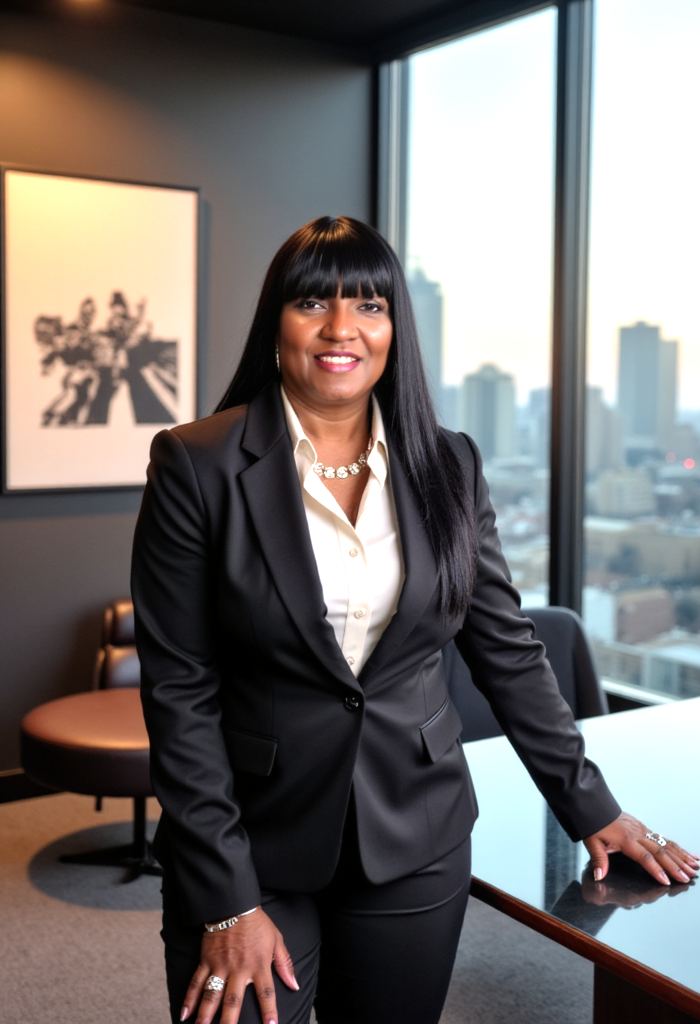 Woman in a black suit poses in a modern office with a city view.