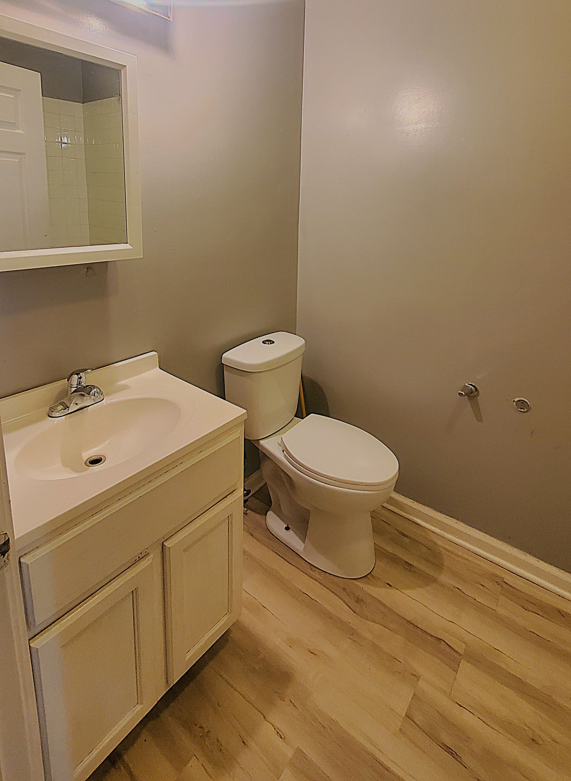 A small bathroom with light gray walls, a white vanity cabinet with a sink, and a white toilet on light wood flooring.