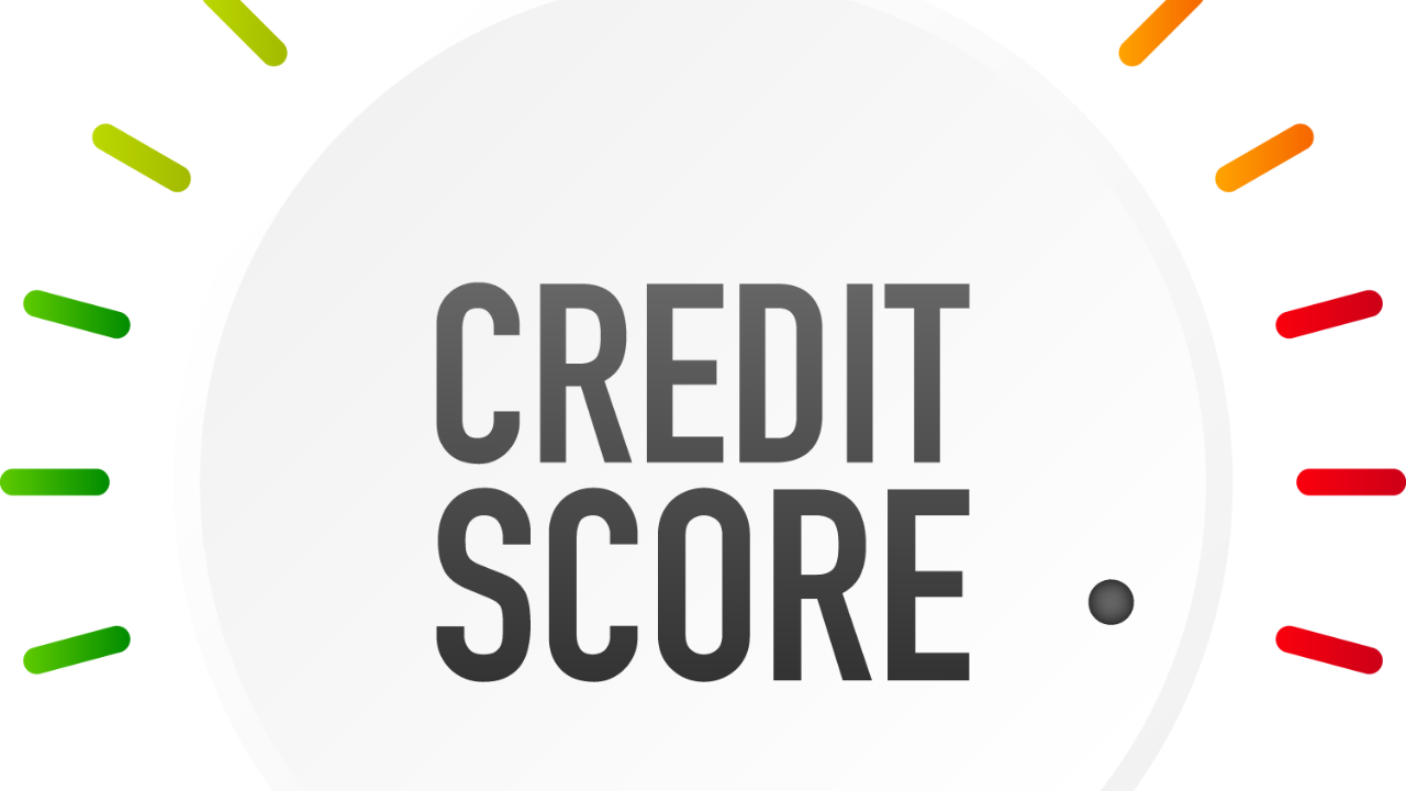 Credit score dial, ranging from green to red, indicating credit health.