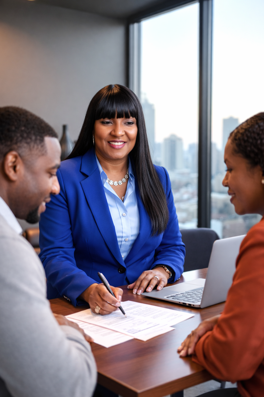 A professional in a suit reviews documents with two clients at a desk in an office with a city view.