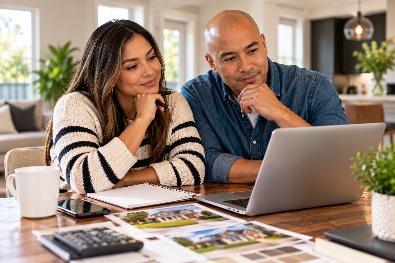 Two people reviewing a laptop at a kitchen table with printed photos and a coffee mug