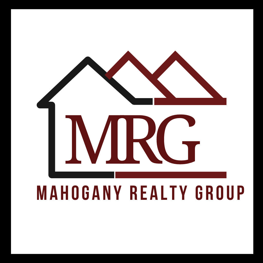 Logo for Mahogany Realty Group, featuring a house outline and overlapping roof peaks, with