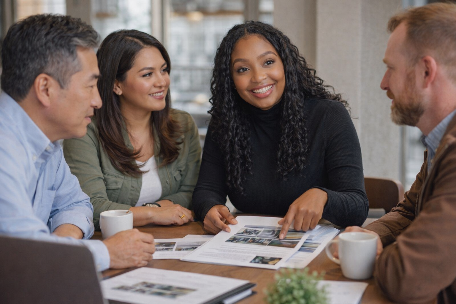 A diverse group of professionals sits around a conference table in an office, reviewing business data and documents.