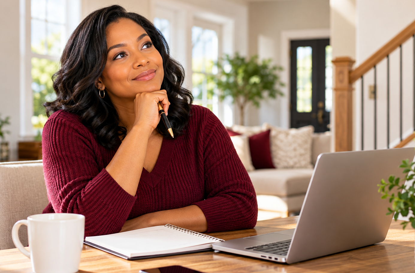 Woman at a laptop on a wooden table, smiling in a bright living room with a coffee mug and notebook.