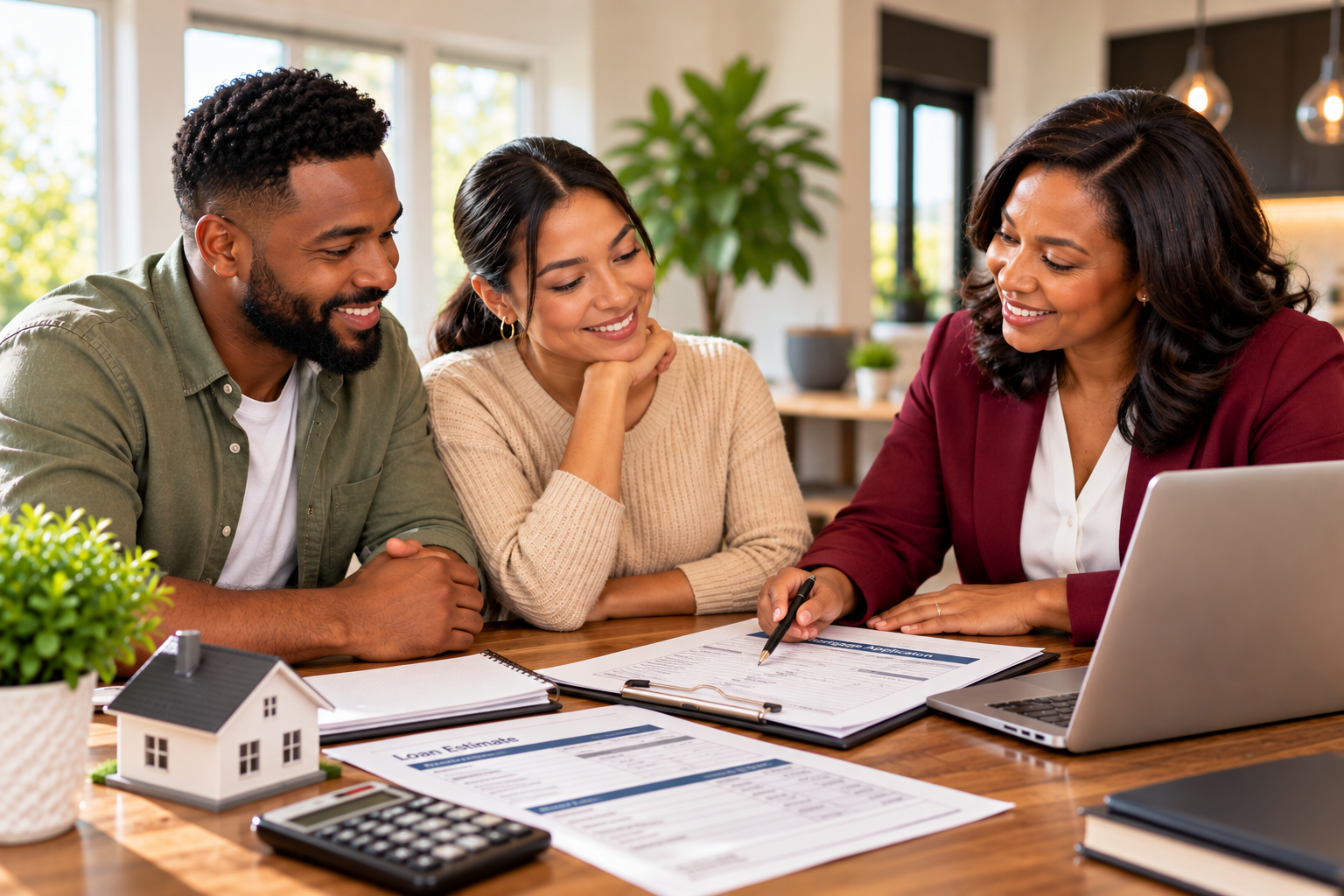 Three people reviewing financial documents at a table with a laptop, calculator, and house model