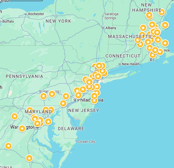 Map of the northeastern United States with yellow markers indicating locations.