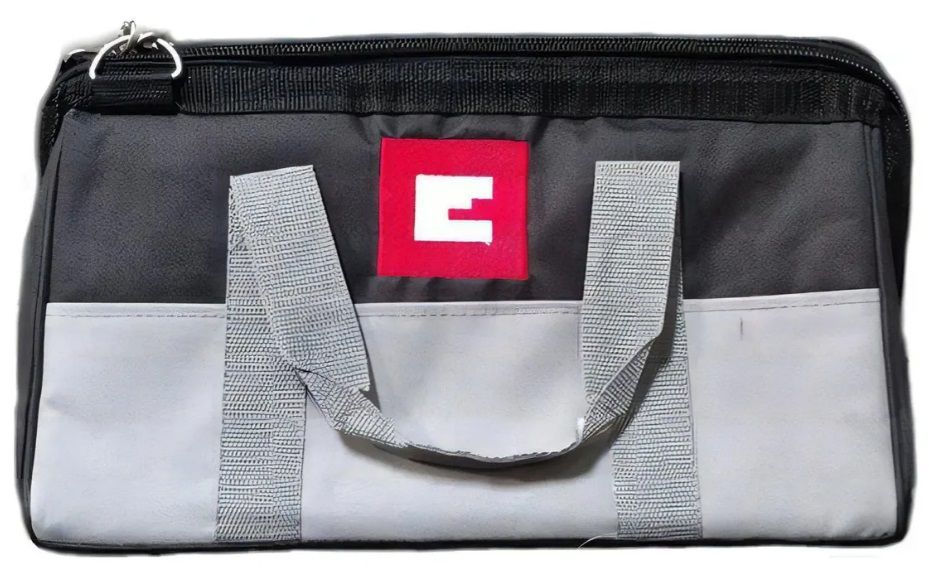 Bolsa de herramientas de color negro y gris con logotipo cuadrado rojo, asas y correa para el hombro de color gris.