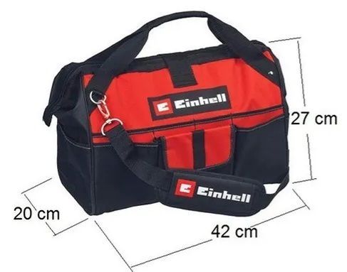 Bolsa de herramientas Einhell de color rojo y negro con correa para el hombro y múltiples bolsillos.