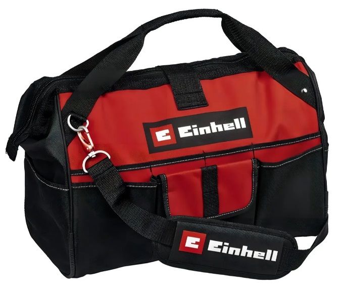 Bolsa de herramientas Einhell de color rojo y negro con correa para el hombro y múltiples bolsillos.