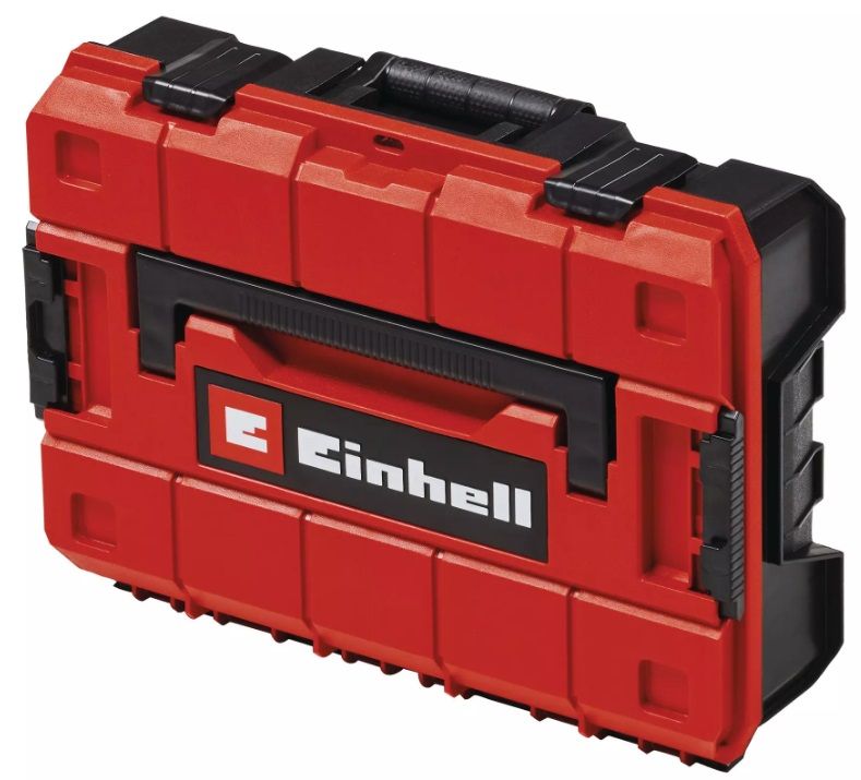 Caja de herramientas Einhell de color rojo y negro con asa y pestillos.