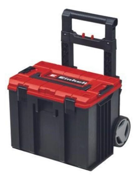 Caja de herramientas con ruedas, de color rojo y negro, con asa.