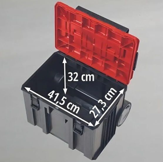Caja de herramientas con ruedas, de color rojo y negro, con asa.