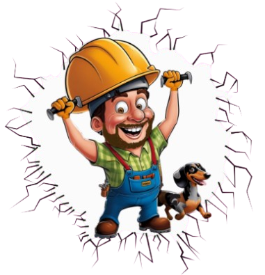 Obrero de la construcción con casco, sosteniendo martillos, sonriendo, con un perro, contra una pared agrietada.