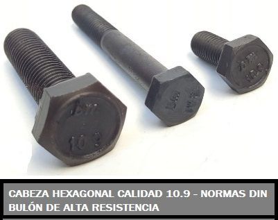 Pernos de cabeza hexagonal, color negro, con índice de calidad 10.9, alta resistencia.