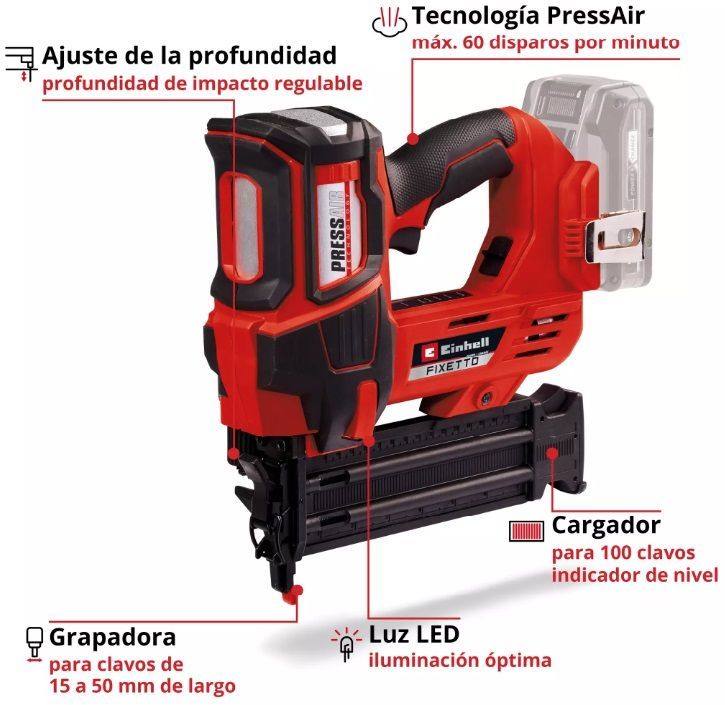 Pistola de clavos inalámbrica de color rojo y negro con batería, que muestra una tira de clavos.