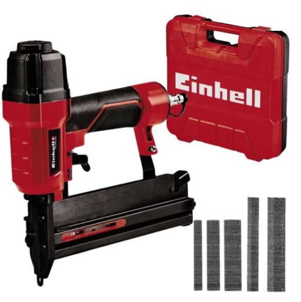 Pistola de clavos Einhell roja y negra y estuche de transporte, con grapas.
