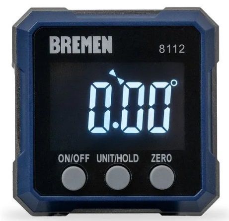 Buscador de ángulos digital con un marco azul que muestra una lectura de 0,00 grados en la pantalla.