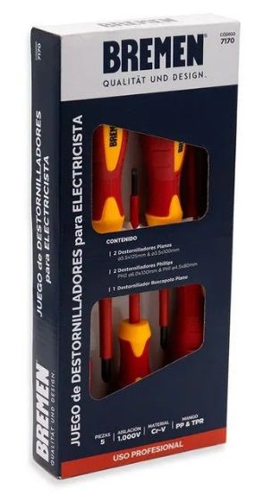 Juego de destornilladores rojos y amarillos, incluido un comprobador de tensión, dispuestos sobre una superficie blanca.