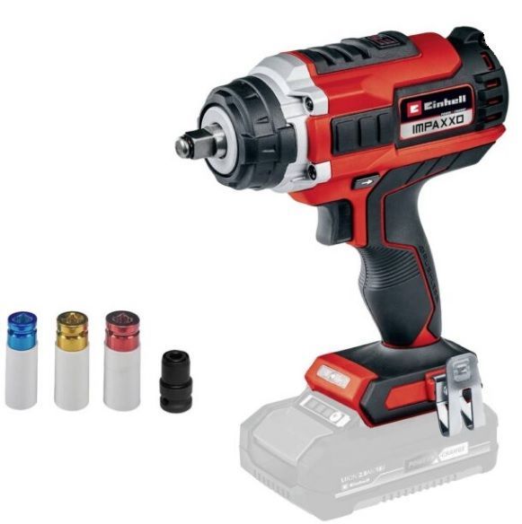 Llave de impacto inalámbrica de color rojo y negro con varios enchufes de colores y batería incorporada.