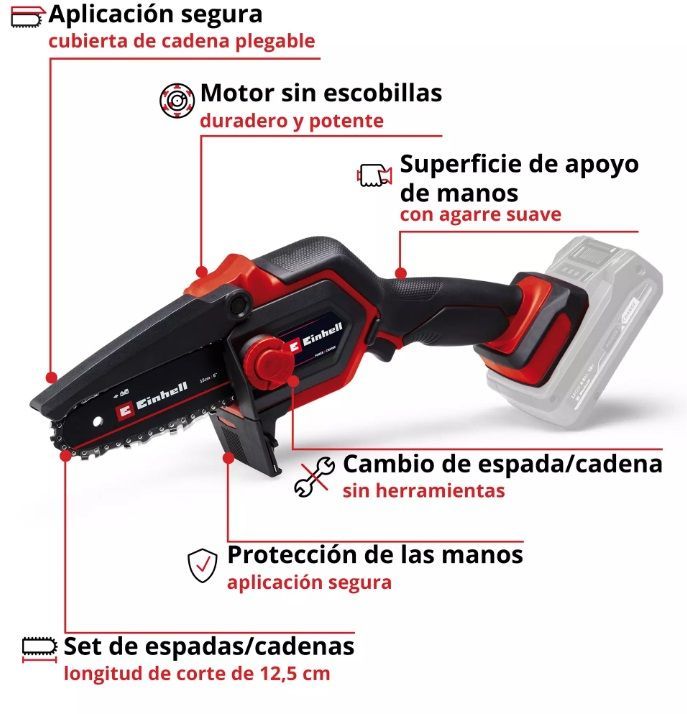 Mini motosierra inalámbrica de color rojo y negro con batería.